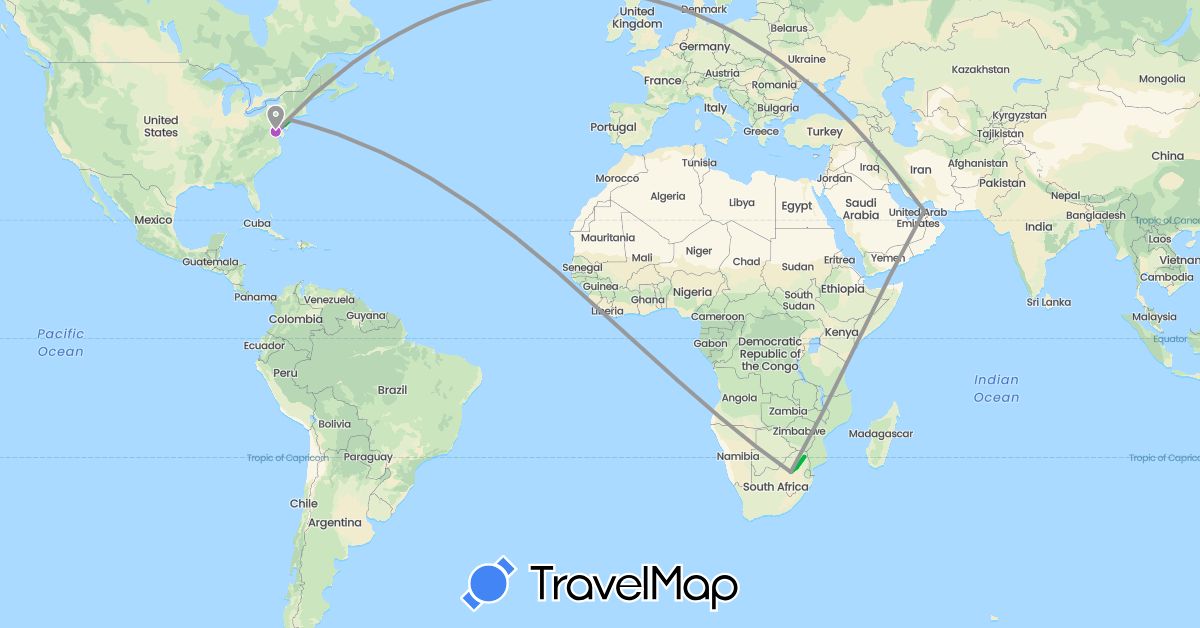 TravelMap itinerary: driving, bus, plane, train in United Arab Emirates, United States, South Africa (Africa, Asia, North America)